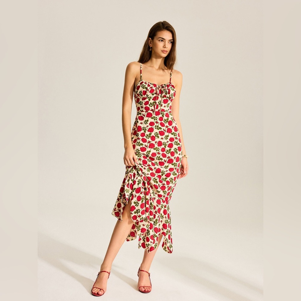 Floral Print Maxi Dress bustier milkmaid red white dress L cc23-12 Last One! - Picture 2 of 6